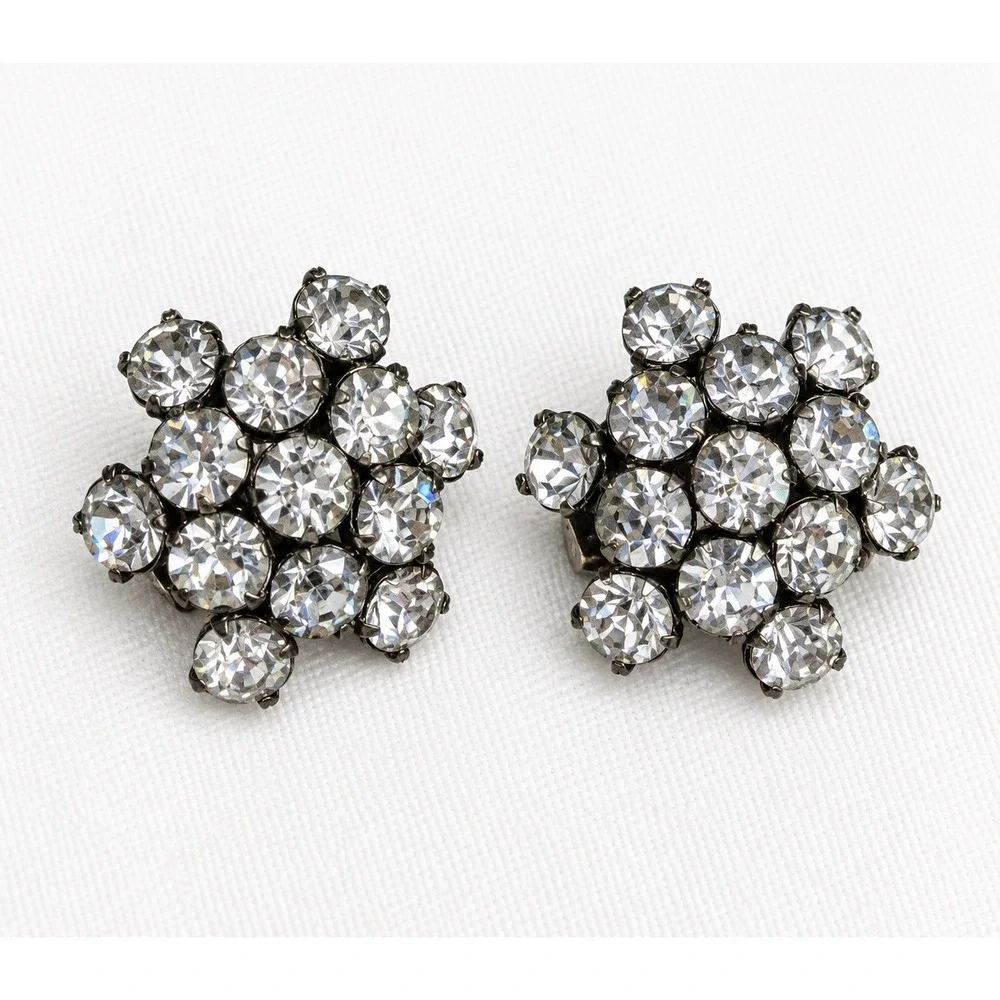 Vintage Clear Rhinestone Cluster Scatter Pins Pair Silver Tone Mid Century